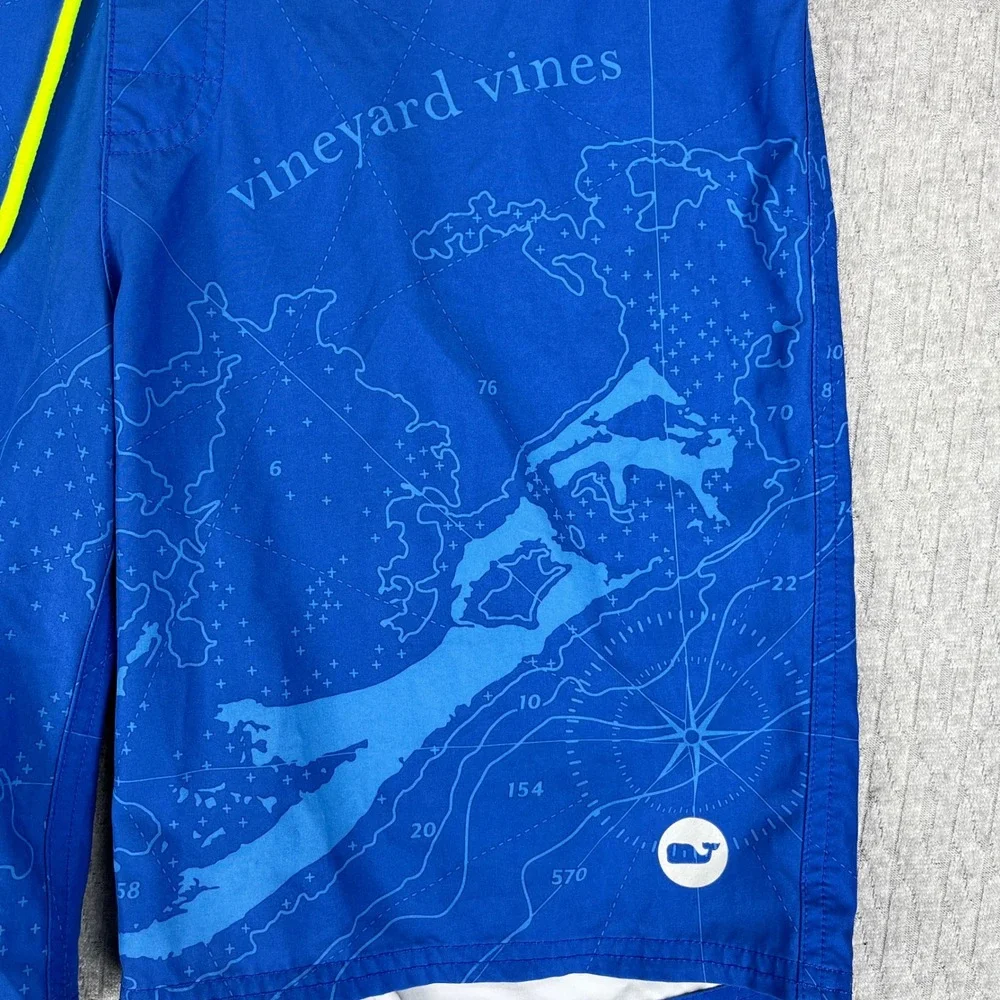 Vineyard Vines Board Shorts Men 32 Blue Nautical Map Print Swim Trunks Neon Trim